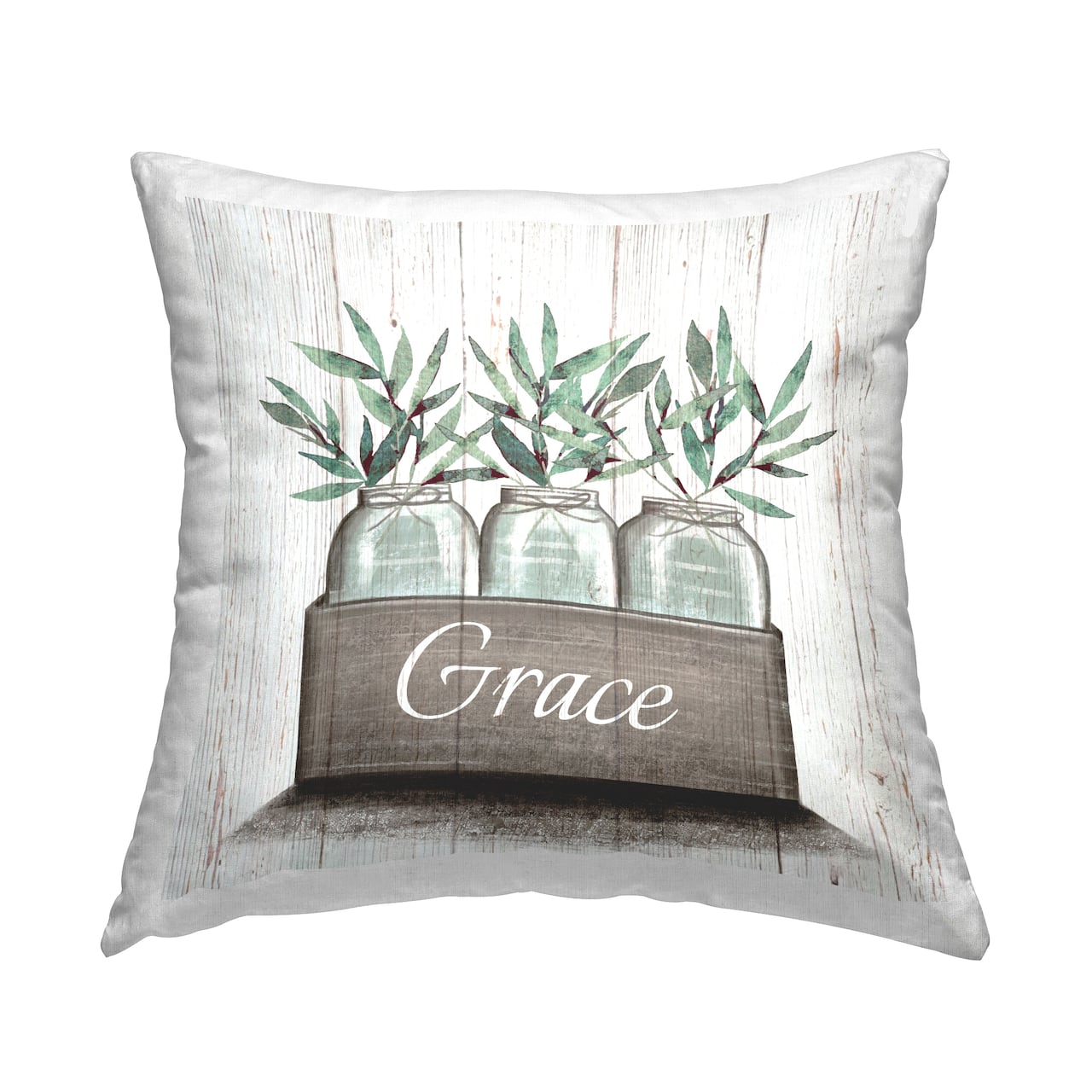 Stupell Industries Green Plant Foliage in Jars with Grace Sentiments Throw Pillow 18" x 18"